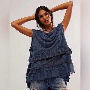 Free People Claire Ruffled Tunic Mini Dress Tank Top S Blue
